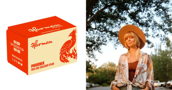 A box of Harman Phoenix ISO 125 colour film next to a portrait of a woman wearing a wide-brimmed hat and a patterned shirt.