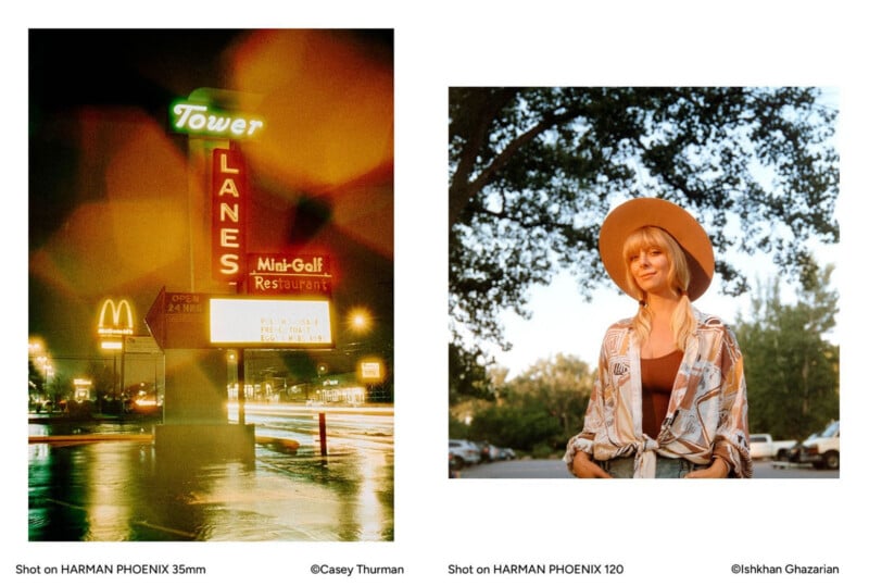 Two side-by-side photographs: a neon "Tower Lanes" sign at night on the left, and a woman in a hat outdoors on the right.