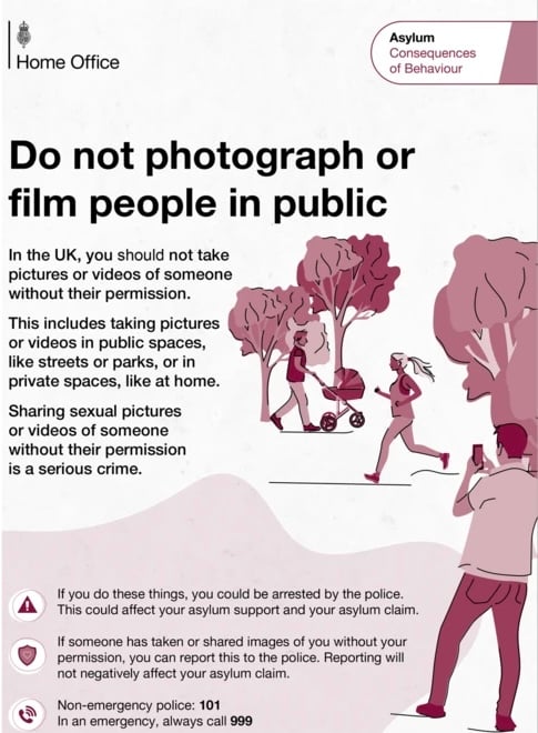 A Home Office poster titled "Asylum Consequences of Behaviour" warns against photographing or filming people without permission.
