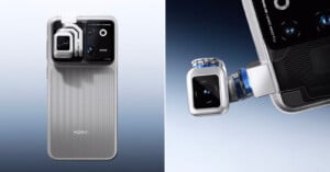 A split-screen view shows the back of a silver Honor smartphone with a mechanical, extendable gimbal camera module in both its retracted and extended positions.