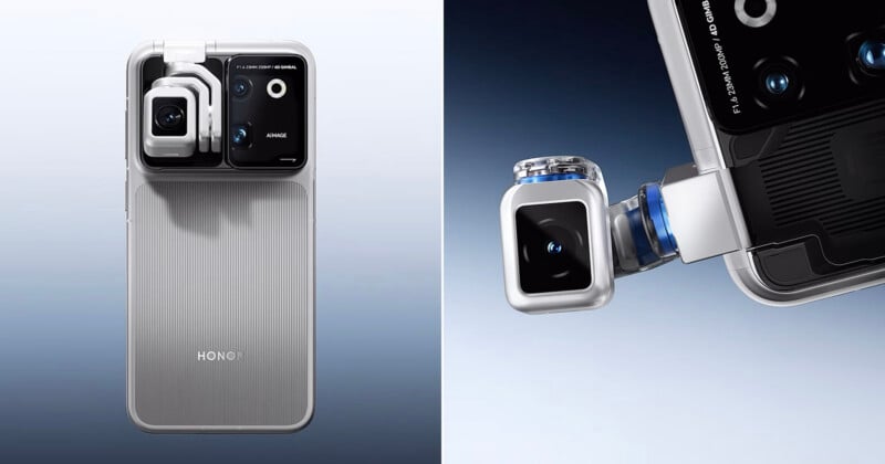 A split-screen view shows the back of a silver Honor smartphone with a mechanical, extendable gimbal camera module in both its retracted and extended positions.