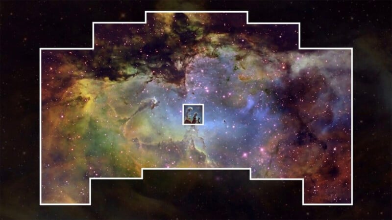 A wide-field view of the Eagle Nebula, with a small, bright white square highlighting the iconic Pillars of Creation.