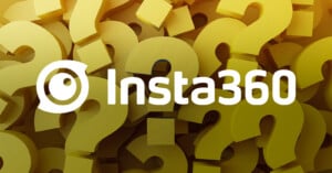 The white Insta360 logo is centered over a background of many overlapping, three-dimensional yellow question marks.