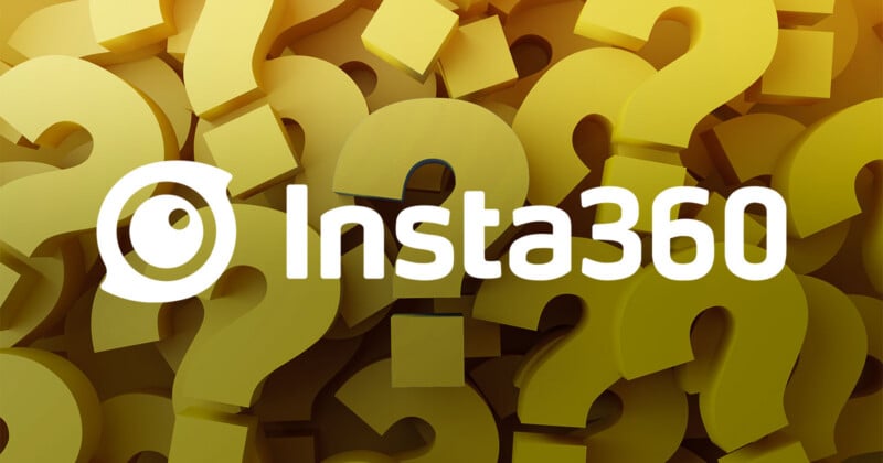 The white Insta360 logo is centered over a background of many overlapping, three-dimensional yellow question marks.