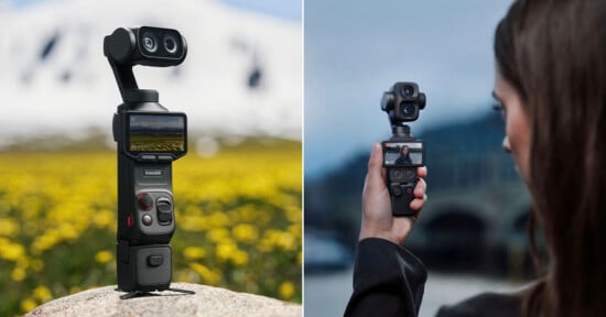 A split-screen view shows a handheld gimbal camera with a screen and controls, standing on a rock in a field of yellow flowers on the left, and being held by a person outdoors on the right.