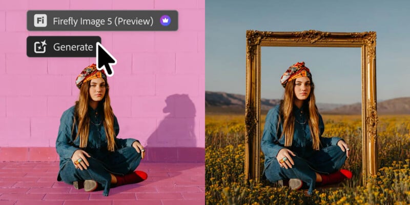 A split-screen comparison shows a woman sitting in front of a pink wall on the left, and the same woman sitting inside an ornate gold frame in a field of yellow flowers on the right.