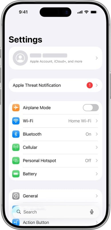 An iPhone Settings screen showing an Apple Threat Notification alert, connectivity toggles, and general system settings.