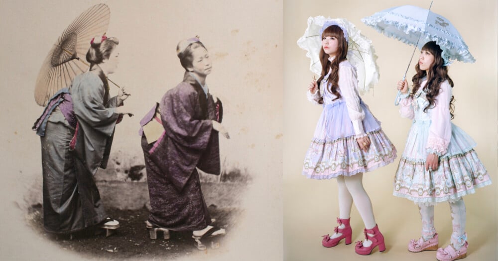 A split image comparing two women in traditional Japanese kimonos and umbrellas on the left with two women in modern Lolita fashion on the right.