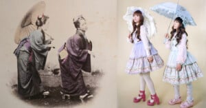 A split image comparing two women in traditional Japanese kimonos and umbrellas on the left with two women in modern Lolita fashion on the right.