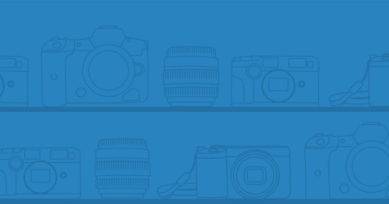 A blue background features a repeating pattern of line-art illustrations of various cameras and lenses arranged on two shelves.