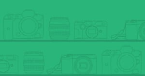 Two rows of line-art illustrations of various cameras and lenses set against a solid green background.
