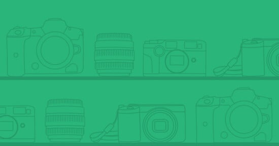 Two rows of line-art illustrations of various cameras and lenses set against a solid green background.