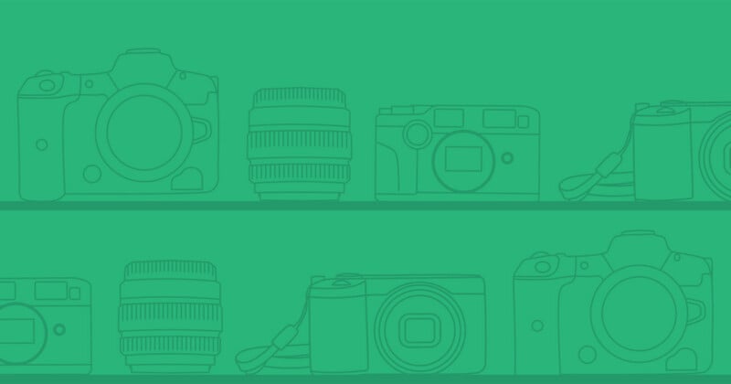Two rows of line-art illustrations of various cameras and lenses set against a solid green background.