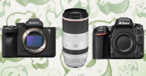 A Sony Alpha 7 camera body, a Canon RF 100-500mm lens, and a Nikon D750 camera body are arranged against a background of green dollar signs.
