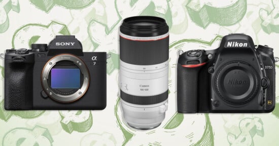A Sony Alpha 7 camera body, a Canon RF 100-500mm lens, and a Nikon D750 camera body are arranged against a background of green dollar signs.