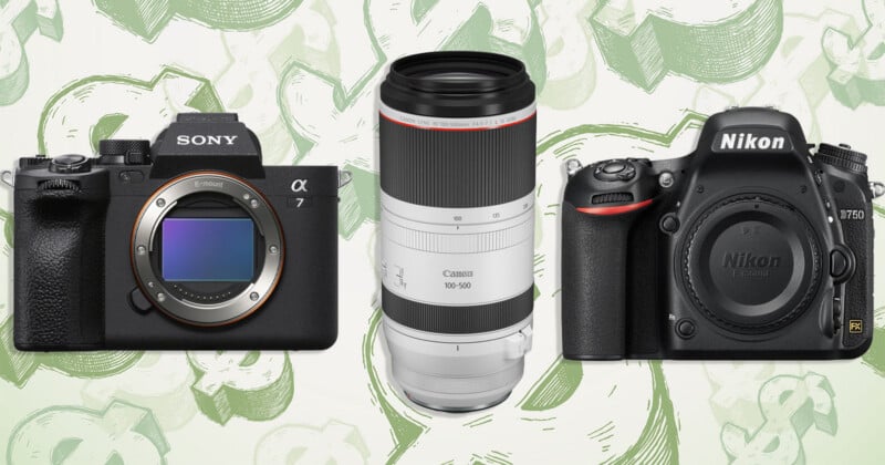 A Sony Alpha 7 camera body, a Canon RF 100-500mm lens, and a Nikon D750 camera body are arranged against a background of green dollar signs.