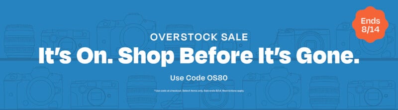 A blue promotional banner featuring camera and lens line art, with the text "OVERSTOCK SALE", "It's On. Shop Before It's Gone.", "Use Code OS80", and an orange "Ends 8/14" badge.
