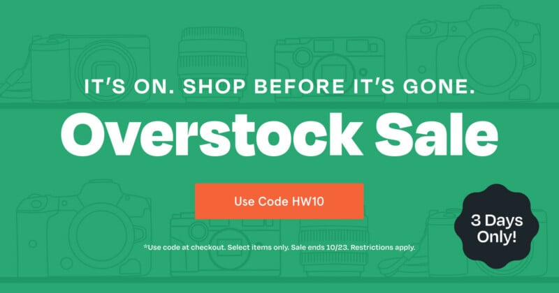 A green promotional graphic for an Overstock Sale features the text "Use Code HW10" and "3 Days Only!" with line-art illustrations of cameras and lenses in the background.