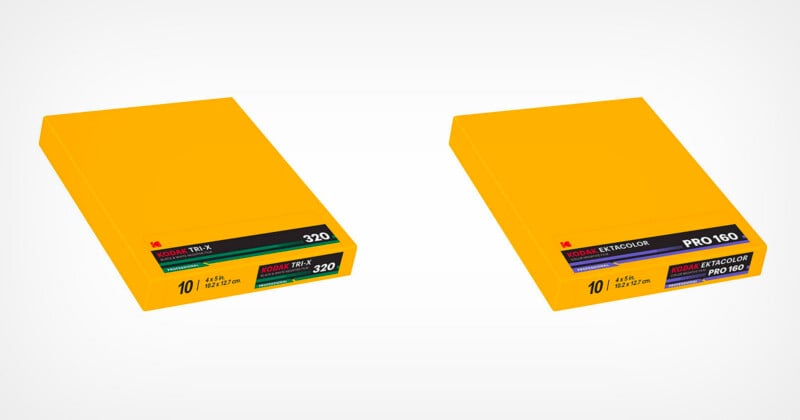 Two boxes of Kodak professional sheet film, one labeled Tri-X 320 and the other Ektacolor Pro 160, sit side-by-side against a white background.