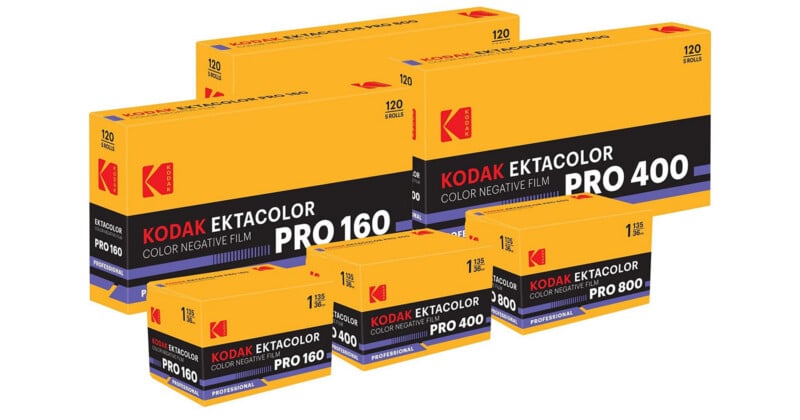 Three large boxes of Kodak Ektacolor Pro 120 film and three smaller boxes of 135 film, with speed ratings of 160, 400, and 800.