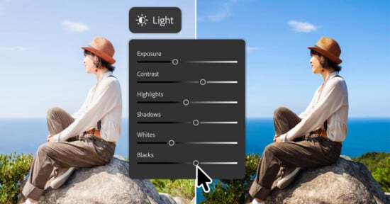 A split-screen comparison shows a person sitting on a rock before and after photo editing, with a "Light" adjustment menu overlaid in the center.