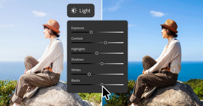A split-screen comparison shows a person sitting on a rock before and after photo editing, with a "Light" adjustment menu overlaid in the center.