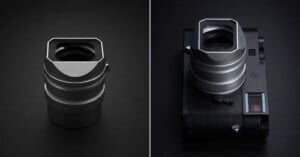 A silver camera lens with a rectangular hood is shown alone on the left, and attached to a black camera body on the right.