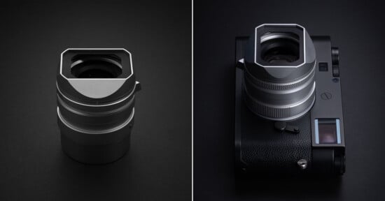A silver camera lens with a rectangular hood is shown alone on the left, and attached to a black camera body on the right.
