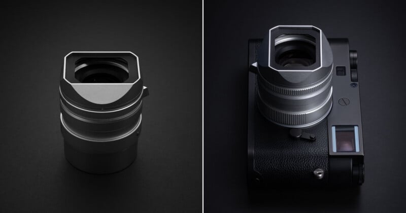 A silver camera lens with a rectangular hood is shown alone on the left, and attached to a black camera body on the right.