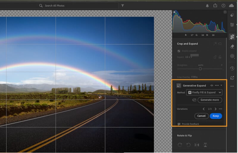 A screenshot of Adobe Lightroom showing the Generative Expand tool active on a landscape photo of a rainbow over a road.
