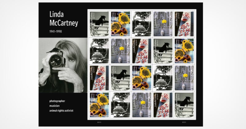 A commemorative sheet of Linda McCartney postage stamps featuring her photography, alongside a portrait of her with a camera.