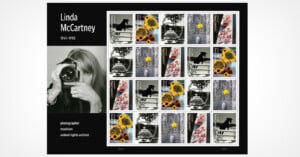 A commemorative sheet of Linda McCartney postage stamps featuring her photography, alongside a portrait of her with a camera.