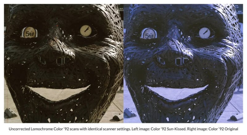 A side-by-side comparison of two photos of a large, woven-textured sculpture of a face, showing different color tones.