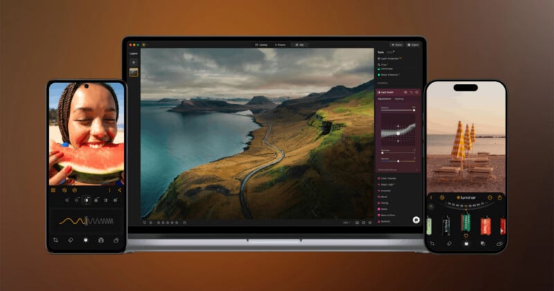 A laptop screen displaying photo editing software is flanked by two smartphones showing different mobile editing interfaces.