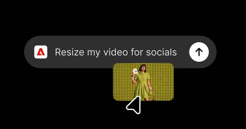 A search bar with an Adobe logo and the text "Resize my video for socials" sits above a small preview of a woman in a green dress holding a paddle, with a cursor icon pointing toward it.