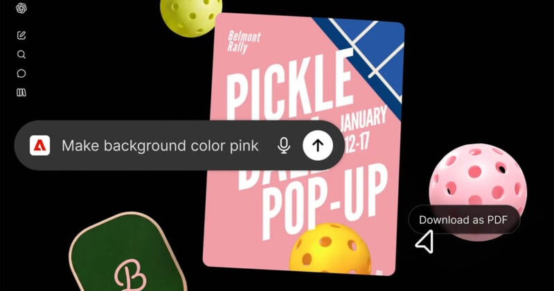 A digital interface shows a poster for a "Belmont Rally Pickleball Pop-Up" event with a pink background, surrounded by floating pickleballs and a green logo, featuring an Adobe-branded text input field that reads "Make background color pink" and a "Download as PDF" button.
