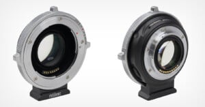 Two views of a Metabones lens adapter, showing the silver front mount with electronic pins and the black rear mount with a tripod foot.