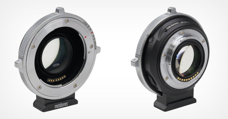 Two views of a Metabones lens adapter, showing the silver front mount with electronic pins and the black rear mount with a tripod foot.