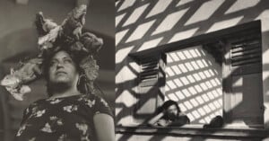 A split-screen composition showing a woman with iguanas on her head on the left and a woman looking out a window on the right.