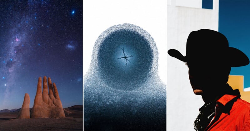 A triptych showing a giant stone hand sculpture under a starry sky, a dense swarm of birds forming a circular shape, and a silhouette of a person wearing a cowboy hat.