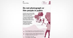 A Home Office information poster titled "Do not photograph or film people in public" with illustrations of people in a park.