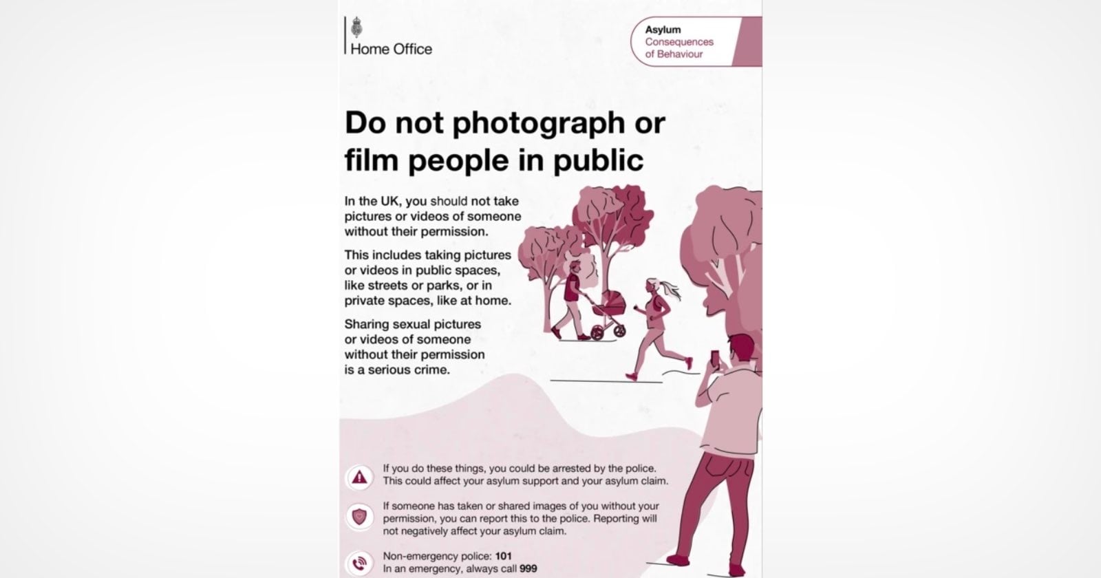 A Home Office information poster titled "Do not photograph or film people in public" with illustrations of people in a park.