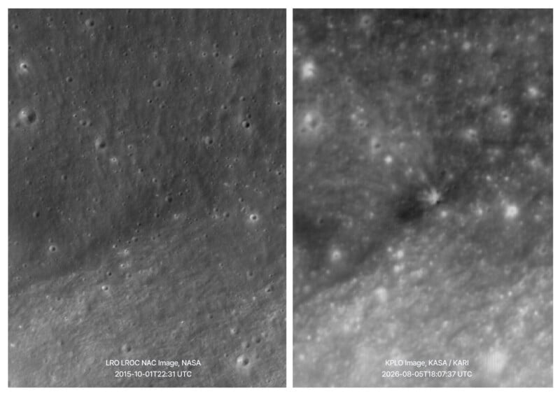 Side-by-side comparison of two lunar surface images, with the left labeled LRO LROC NAC and the right labeled KPLO.