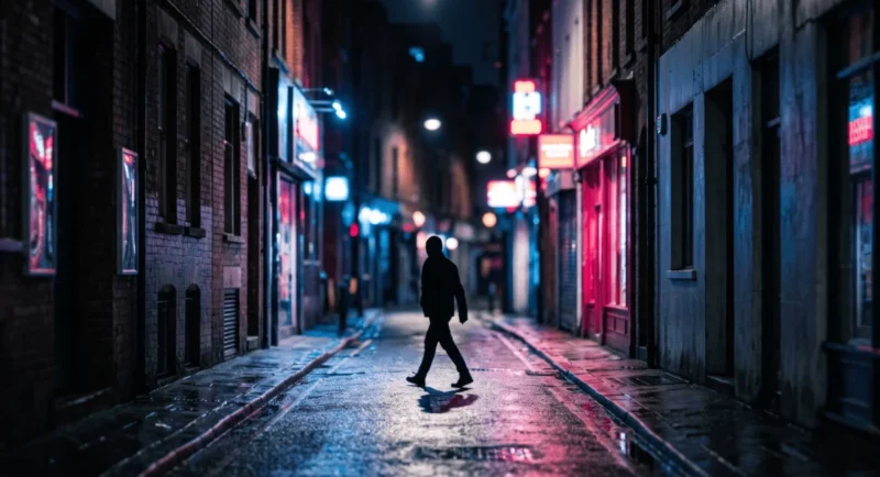 A silhouette of a person walks across a wet, narrow city street at night, illuminated by vibrant red and blue neon lights.