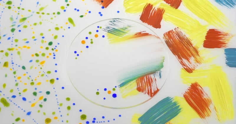 A circular glass pane sits on a white surface, featuring colorful paint splatters on the left and bold, textured brushstrokes in yellow, orange, and blue on the right.