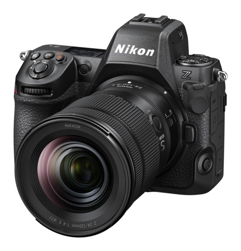 A black Nikon Z 8 mirrorless camera with a Nikkor Z 24-120mm f/4 S lens attached, shown from a front-facing angle against a white background.