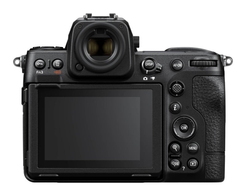 The back view of a black mirrorless digital camera featuring a large LCD screen, an electronic viewfinder, and various control buttons and dials.