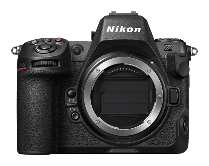 A front-facing Nikon Z mirrorless camera body with a lens mount, function buttons, and a shutter mechanism visible inside the mount.