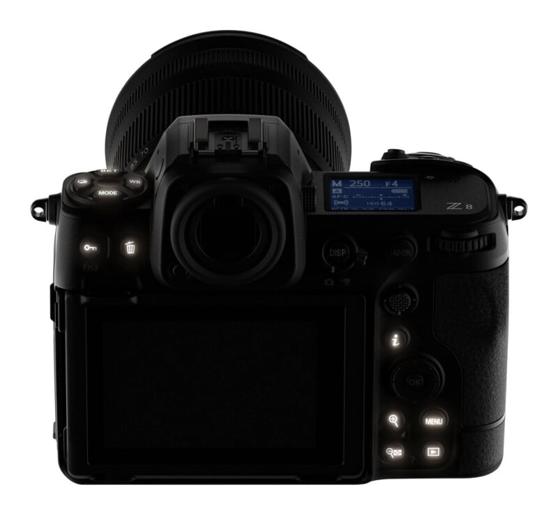 A rear view of a black digital camera with an illuminated control panel and buttons, displaying "Z 8" on the top right.