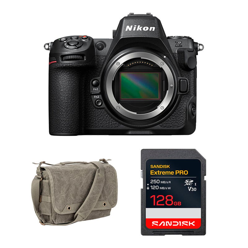 A Nikon Z series mirrorless camera body, a gray canvas shoulder bag, and a 128GB SanDisk Extreme PRO SD memory card.